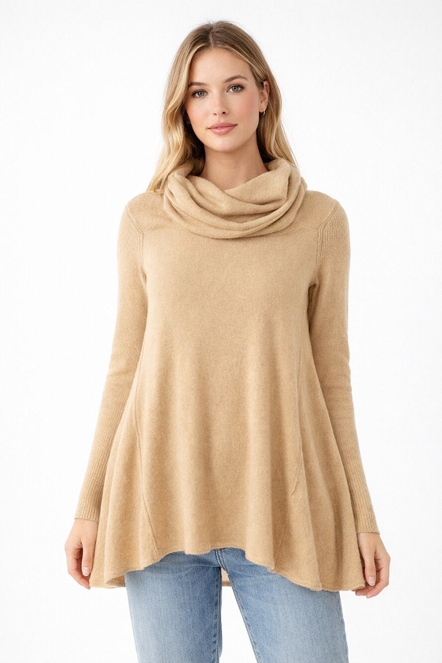 Free People Sweater Womens Medium Tan Cowl Neck‎ Swing Knit Cotton Blend